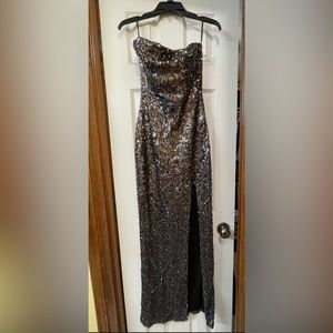 Silver sequence strapless long evening dress